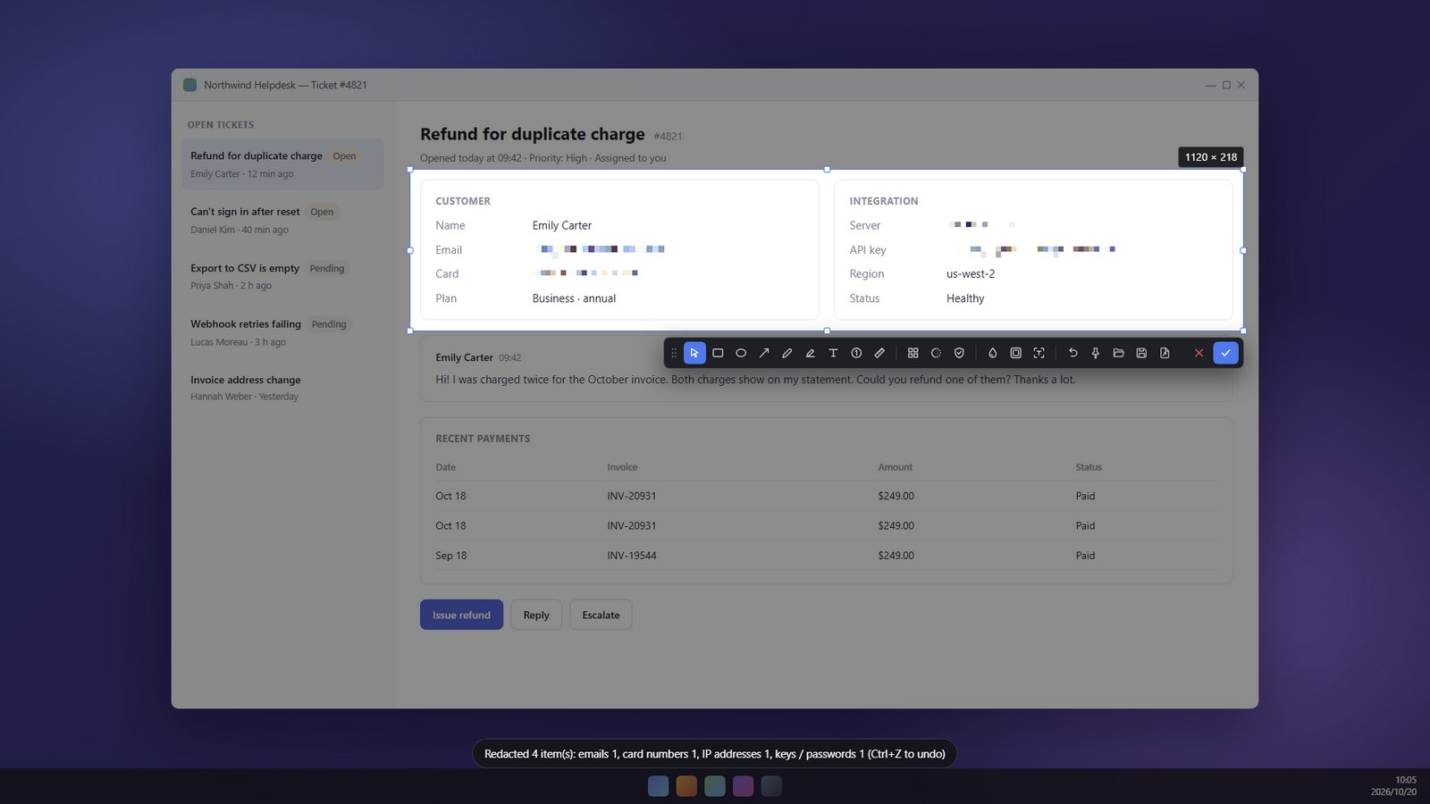 SnapDuck with emails, card numbers, server IPs and API keys covered by mosaic in two cards